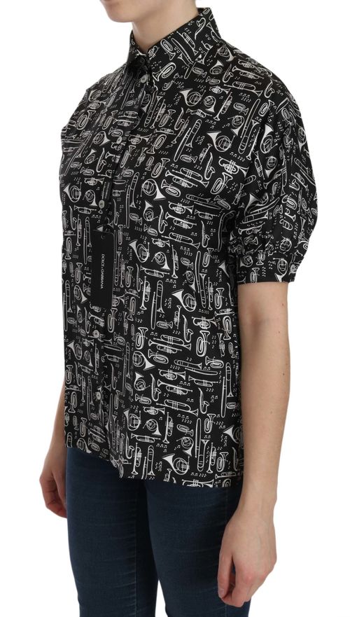 Musical Instrument Print Silk Shirt — Black