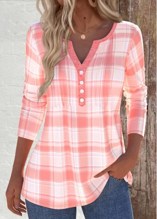 Modlily Dusty Pink Tuck Stitch Plaid Long Sleeve T Shirt