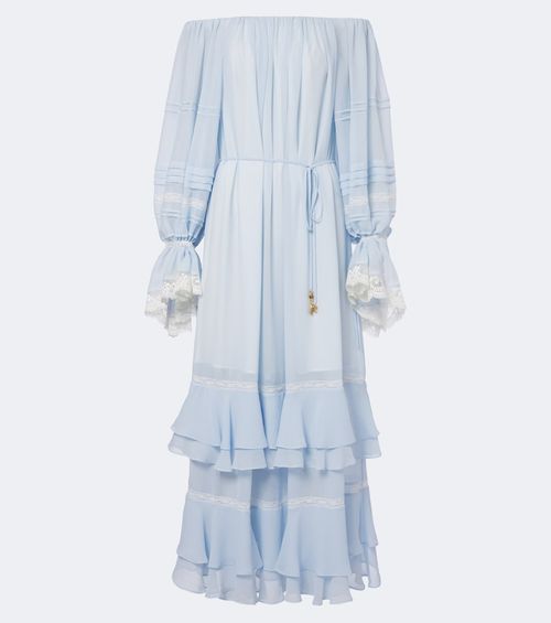 Ruffled off-shoulder lace-trimmed maxi dress