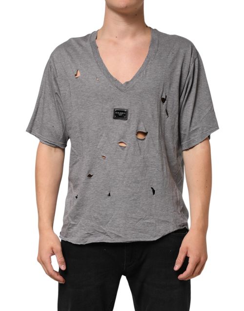 Distressed Cotton Logo Patch T-Shirt — Gray