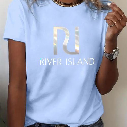 TEMU Women' Blue Gradient "" Graphic T-shirt - Casual Short Sleeve Round Neck Tee With Stylish Lettering, Medium Stretch Fabric, Sizes S-xxl, Casua