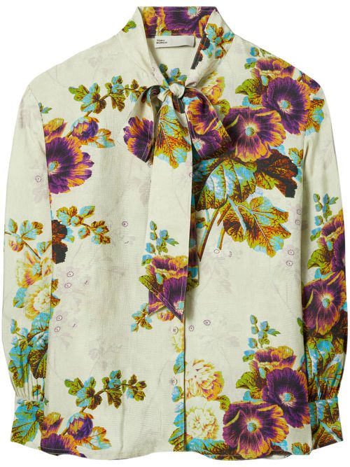 Floral-pattern pussy-bow blouse - Green