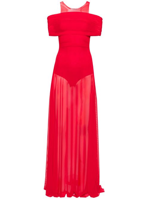 Round-neck mesh maxi dress - Red