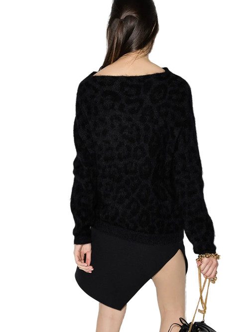 Off-Shoulder Leopard Knit Sweater — Black