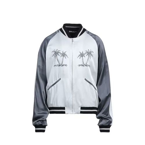 Palm-Embroidered Acetate Bomber Jacket — Gray