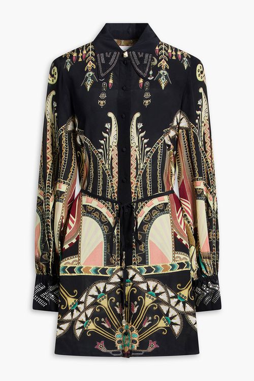 Embellished printed silk crepe de chine mini shirt dress - Black - XS