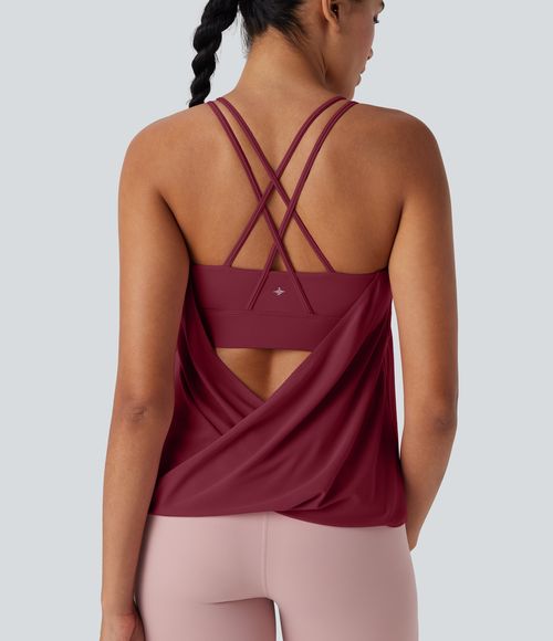 Double Straps Pleated Quick Dry Yoga Cami Top Tank Top - Tibetan Red