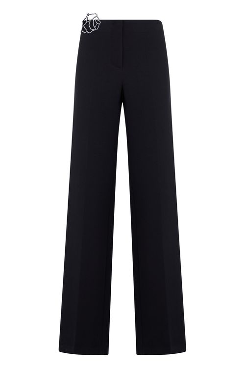 Rhinestone-Embellished Rose Trousers — Black