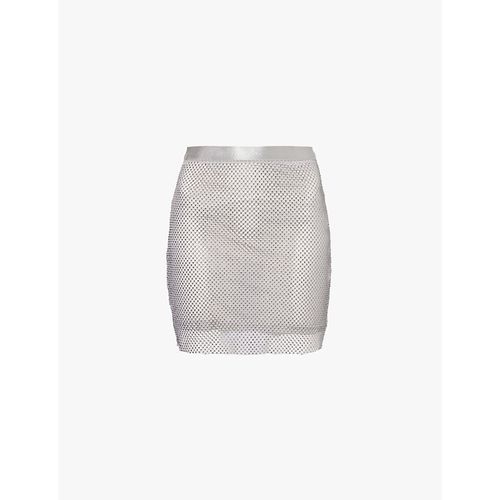 Womens Grey Net Rhinestone-embellishment Woven Mini Skirt 
