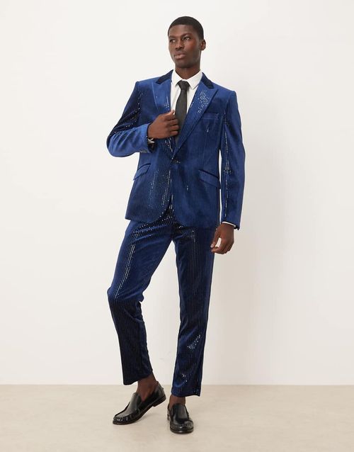 Slim suit trouser in velvet sequin in navy