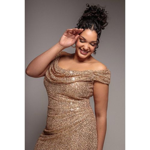 Goddiva Plus Cap Sleeve Iridescent Sequin Cowl Maxi Dress - Gold