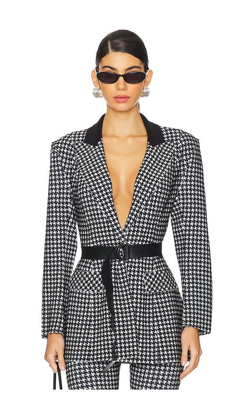 Norma Kamali Single Breasted Boy Fit Riding Jacket in Large Houndstooth & Black - Black. S also in