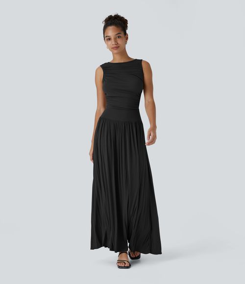 Ribbed Boat Neck Asymmetric Strap Ruched Pocket Flowy Maxi Casual Dress Casual Dress - Black