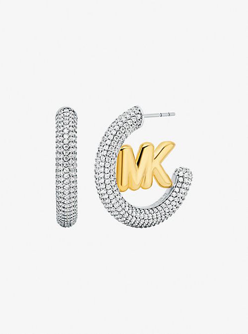 Large Pavé Logo Charm Two-Tone Hoop Earrings