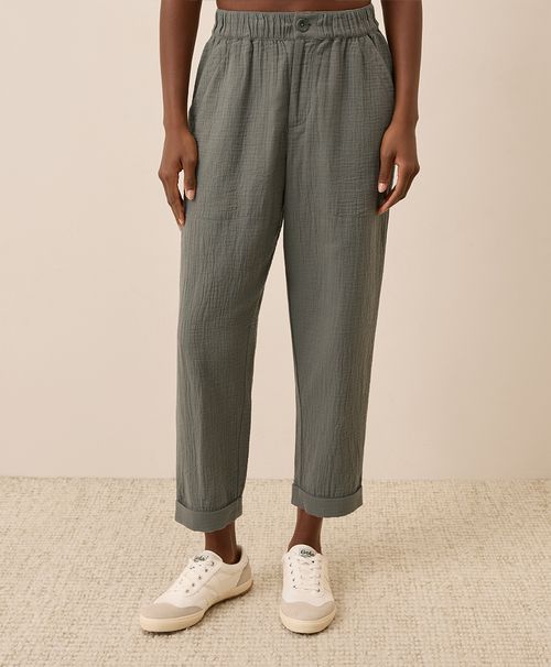 Women's Castor Green Coastal Double Gauze Rolled Cuff Pant