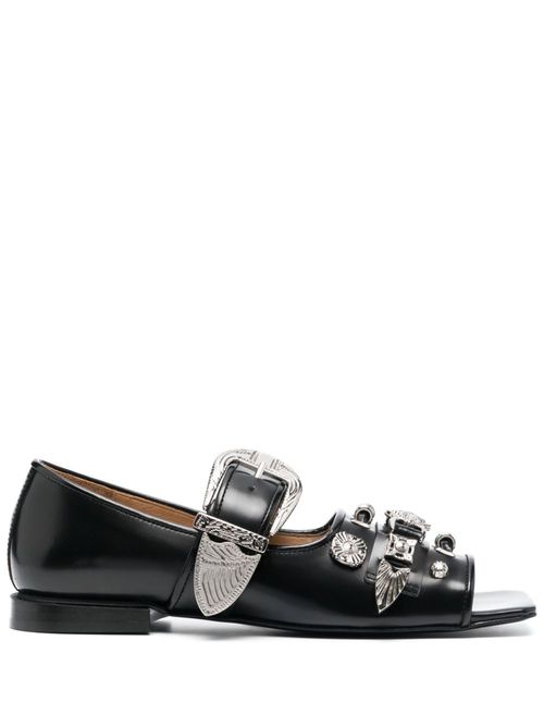 Buckle-fastening open-toe ballerina shoes - Black
