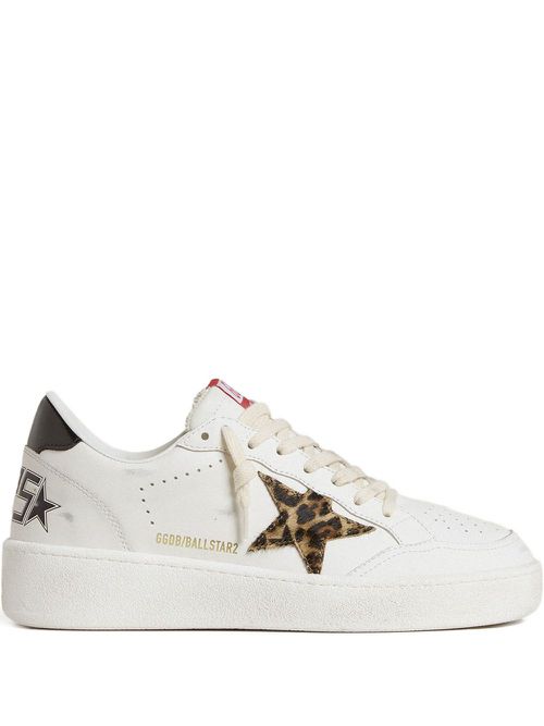 Leather leopard-print star sneakers - White