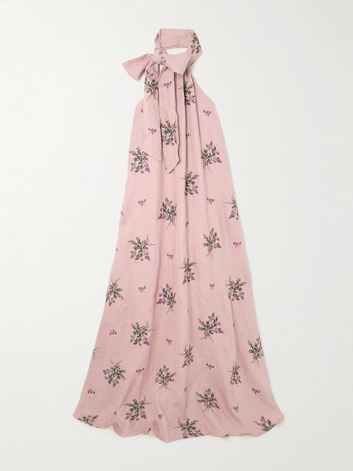 leaf embroidered wedding dress Grace and Glamour Embroidered Linen-Blend Midi