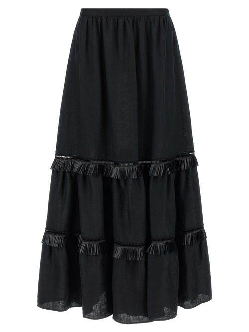 Linen with Fringed Inserts Skirt — Black