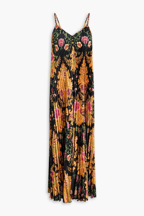 Pleated floral-print satin midi slip dress - Black - XL
