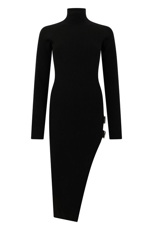 Elegant Fitted Midi Dress with Asymmetric Cut