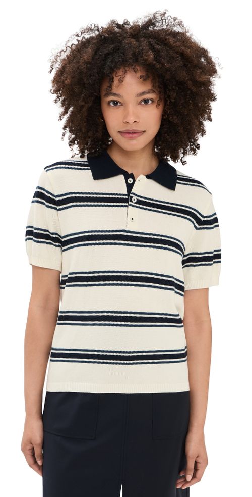Unisex Multi Striped Polo Knit Cream/Navy