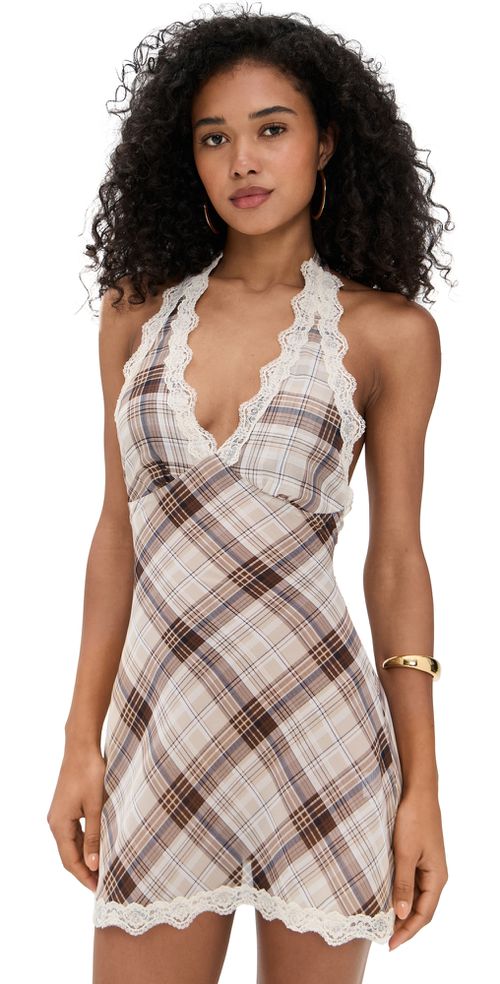 Lioness Stars Align Mini Dress Tan Plaid 