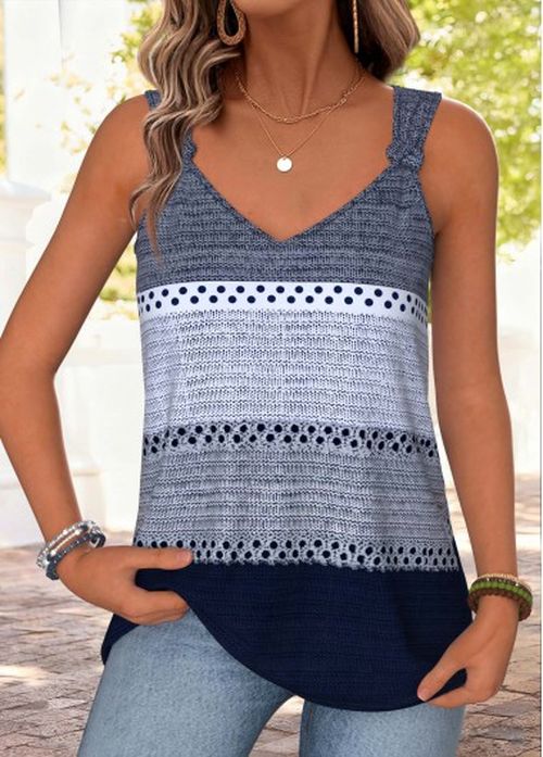 Modlily Blue Striped Tie Sleeveless V Neck Tank Top
