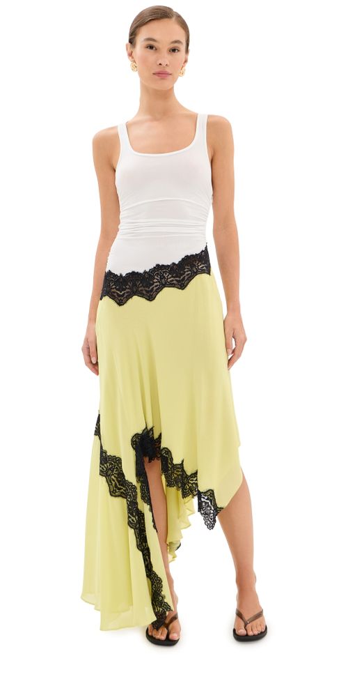 Cutaway Lace Gathered Tank Silk Dress Chartreuse/Multi