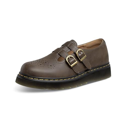 Athlefit Women's Mary Jane Flats Platform Round Toe Comfortable Dressy Adjustable School Office Work Brown Flats Shoes