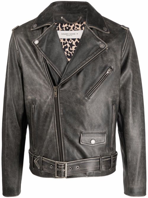 Hammered Leather Biker Jacket with Front Zip Pockets and Belt