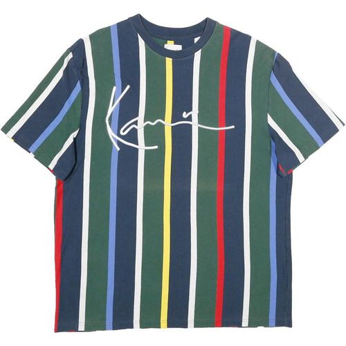 KARL KANI Mens Blue Green Red Multi Stripe Graphic T-Shirt M Short Sleeve Crew