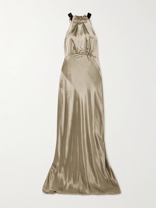 Michelle Velvet-trimmed Open-back Satin Gown - Gold