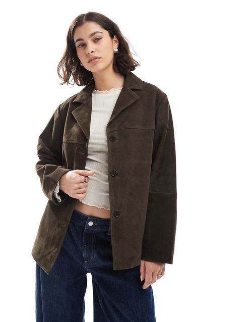 Real suede 70s jacket in dark mocha-Brown