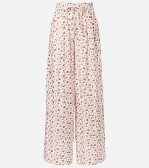 Floral cotton-blend poplin wide-leg pants