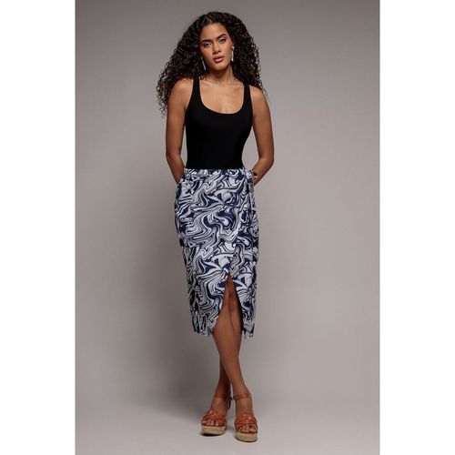 City Goddess Printed High Waist Wrap Midi Skirt - Navy