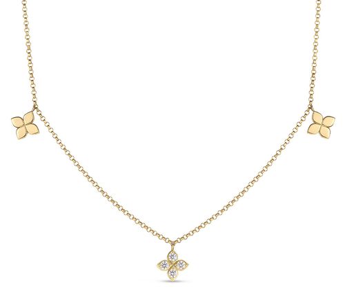Love By The Inch Diamond and Polished Small Flower Station Necklace in 18K Yellow Gold