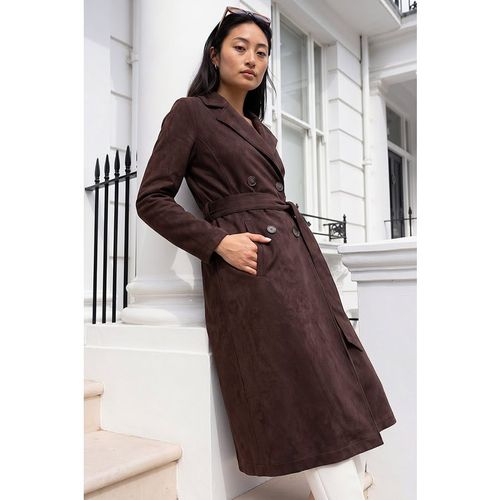 Roman Womens Petite Faux Suede Trench Coat - Dark Brown