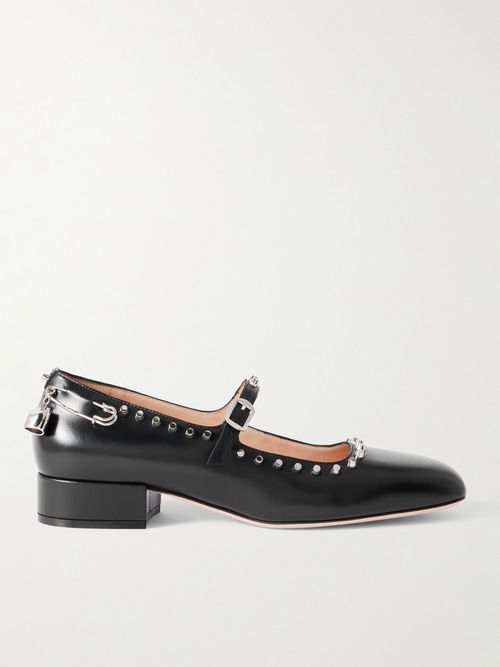 Belkys Embellished Studded Leather Mary Jane Pumps - Black