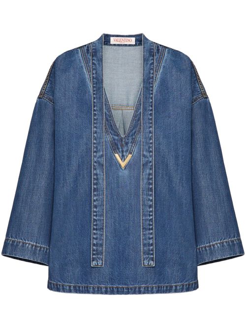 V-plaque denim blouse - Blue