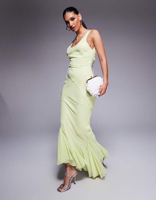 ASOS DESIGN scoop neck raw edge maxi dress with hem detail in lime-Green