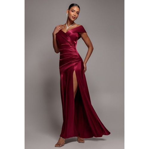 Goddiva Satin Off Shoulder Pleated Maxi Dress - Berry