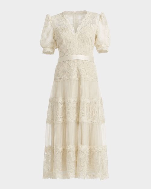 V-Neck Short-Sleeve Lace Tiered Midi Dress