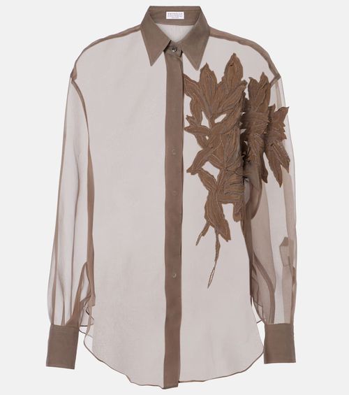 Herbarium floral-appliqué silk shirt