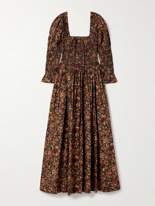Bijou Shirred Floral-print Organic Cotton-voile Midi Dress - Black