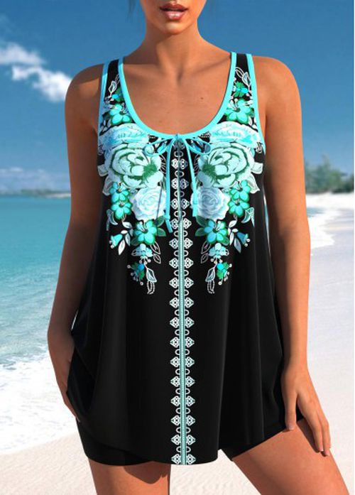 Modlily Bowknot Floral Print Cyan Tankini Set