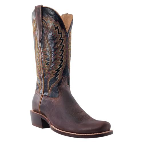 RW RANCH 13" Western Cowboy Boots for Men, Narrow Square Toe, Stacked Heel, Steel Shank, Leather (Cigar/Jet Black