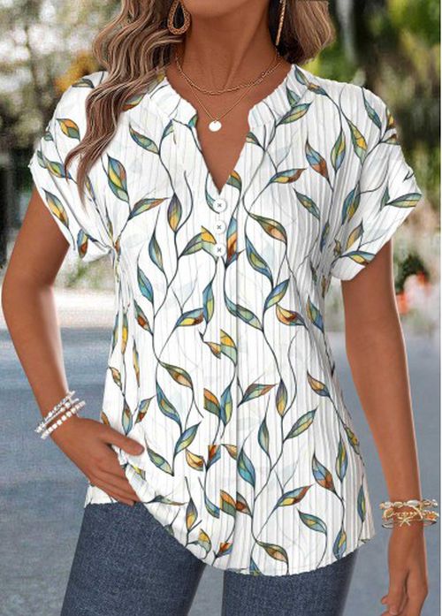 Modlily Raw White Floral Print Patchwork Short Sleeve T Shirt