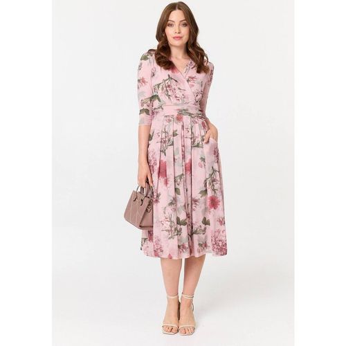 Izabel London Floral 3/4 Sleeve Wrap Front Midi Dress In Pink