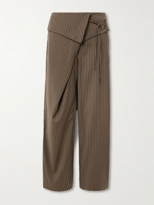Folded Asymmetric Pinstriped Wool Wide-leg Pants - Brown